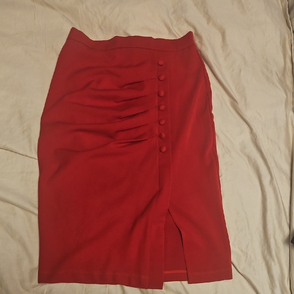 Celine Vibrant Red Pencil Skirt with Button Accents